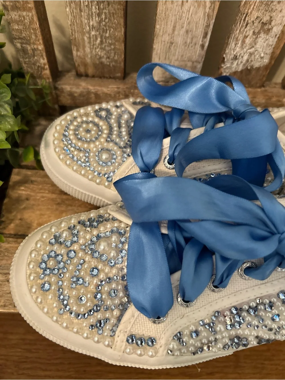 Custom Superga Sneakers: Pearl and Blue Rhinestones Size EUR 37.5 US 7